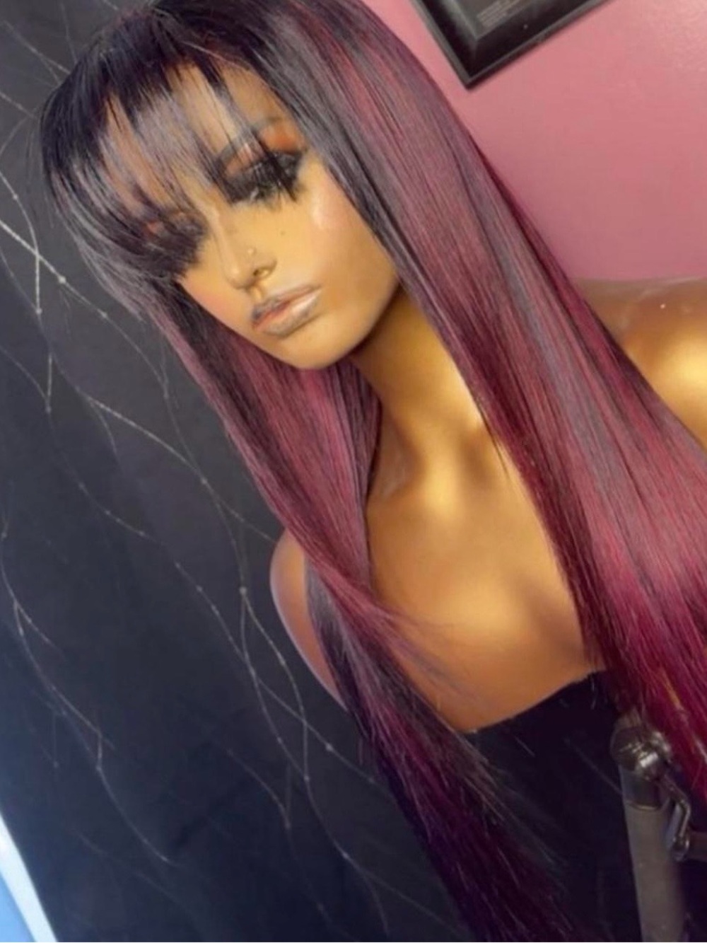 30 inches Human Hair Burgundy Ombre Straight Lace Front Wig with Bangs